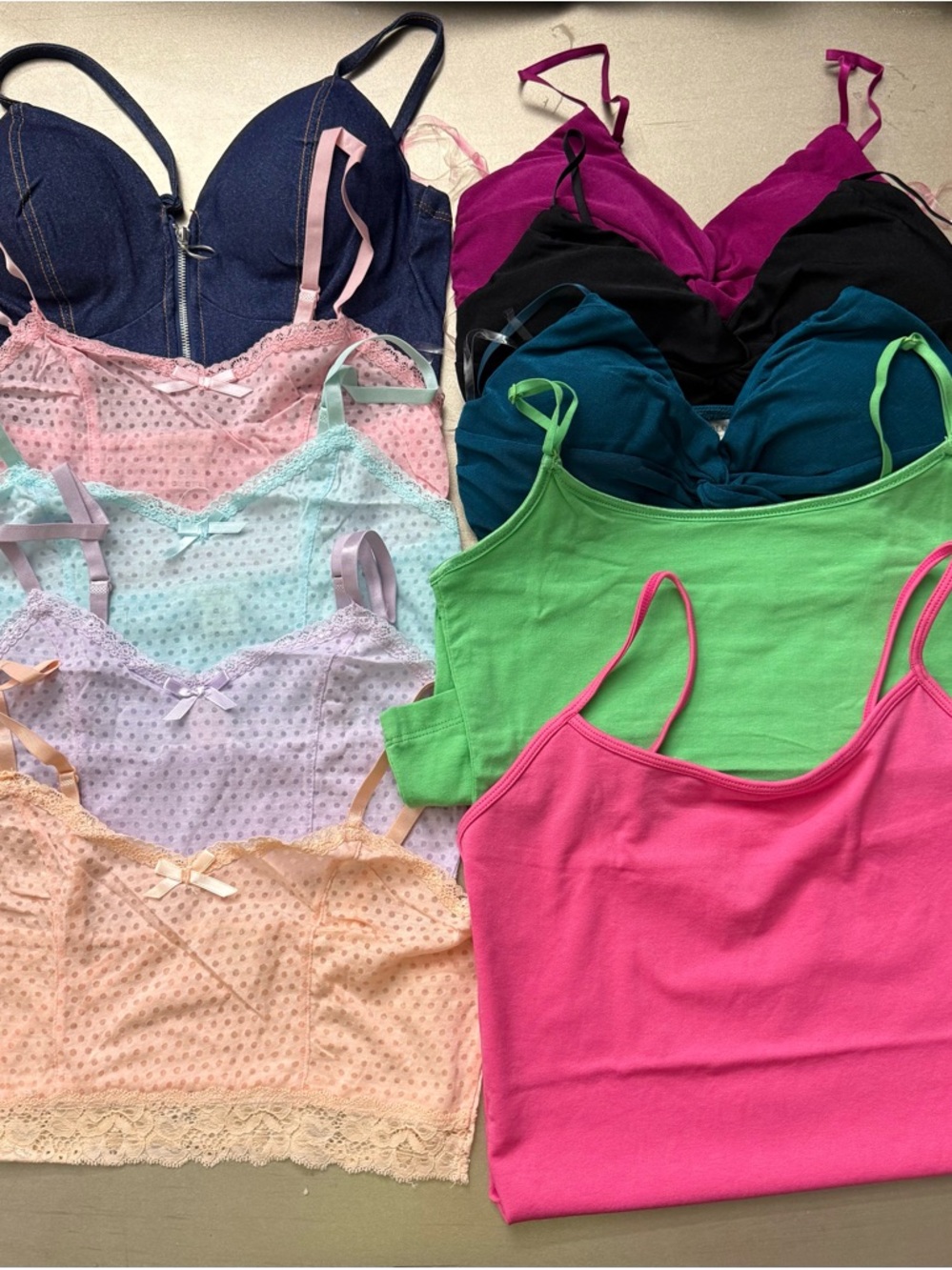 Bozzolo Mixed Bralette & Tank Top Lot - Bright Pink, Lime Green, Teal, Denim